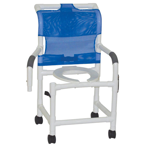 PVC Shower Commode Chair – 18” Seat, Double Drop Arms & Casters