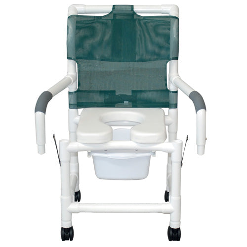 18-Inch Wide Shower Chair with Soft Elongated Seat, Drop Arm & Square Pail