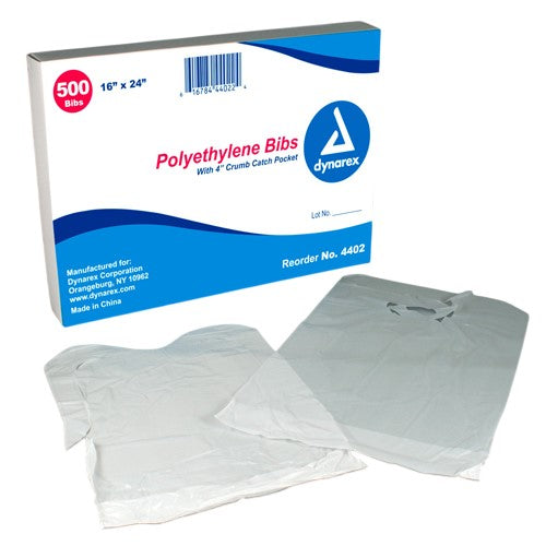 Disposable Polyethylene Bibs with Crumb Pocket – Box of 500