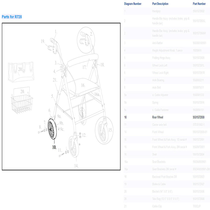 Front and Rear Wheel Assembly for Drive R728 Rollators