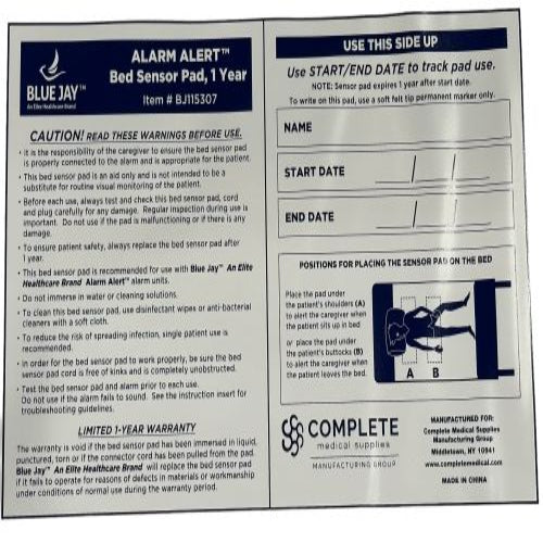 Blue Jay ALARM ALERT Bed Sensor Pad 10" x 30" – 1-Year