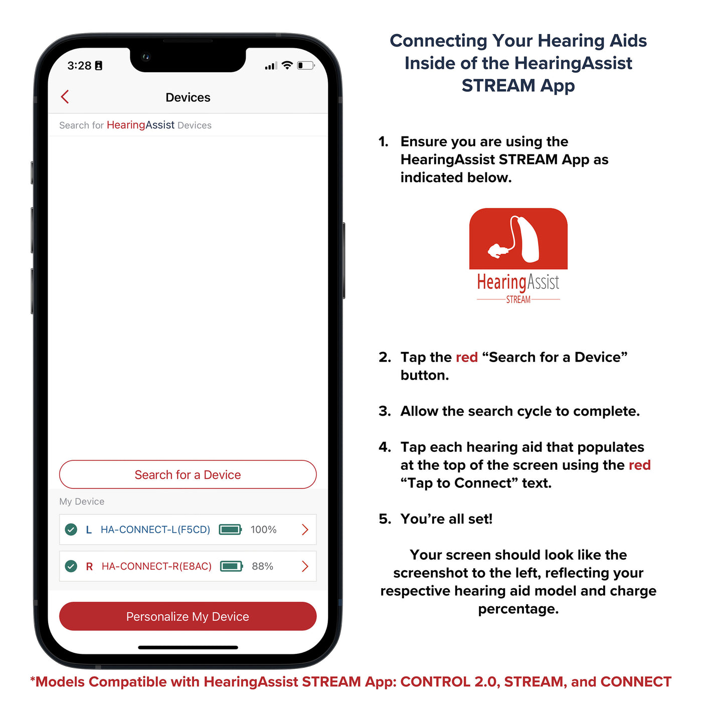 STREAM RIC Rechargeable OTC Hearing Aid Kit with Bluetooth Streaming & App Personalization